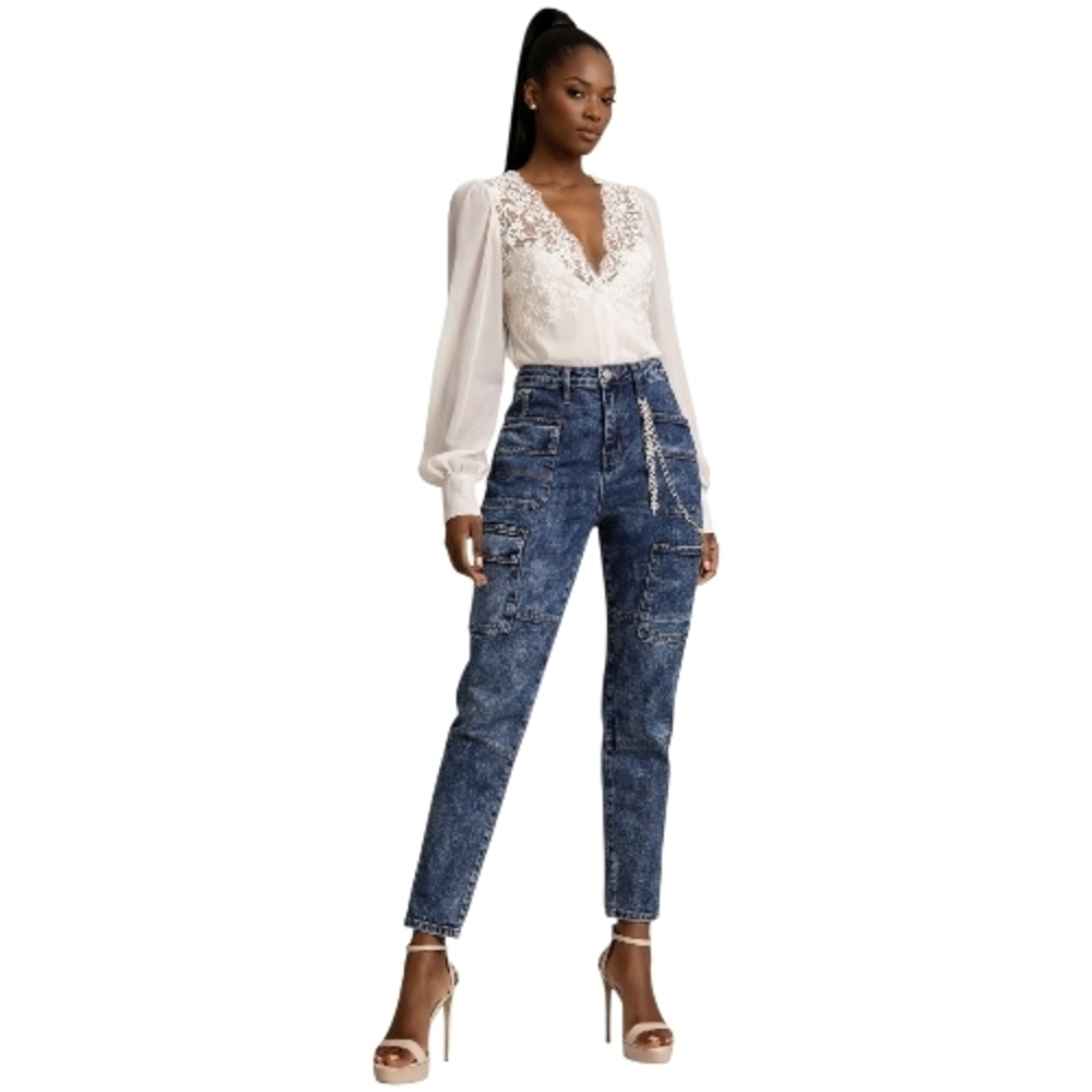 Kréamy Medium Blue Denim Cargo Jeans with Chain.Size M | High Rise Utility Style